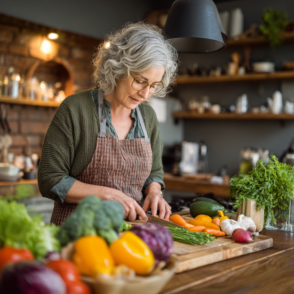 Middle-aged woman preparing fresh vegetables and fruits in modern kitchen for healthy meal planning
