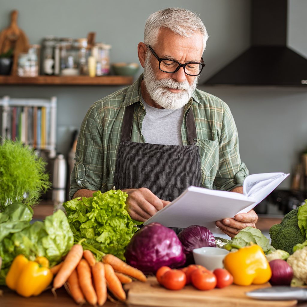 Senior man reviewing personalized nutrition plan with fresh organic ingredients and meal preparation materials
